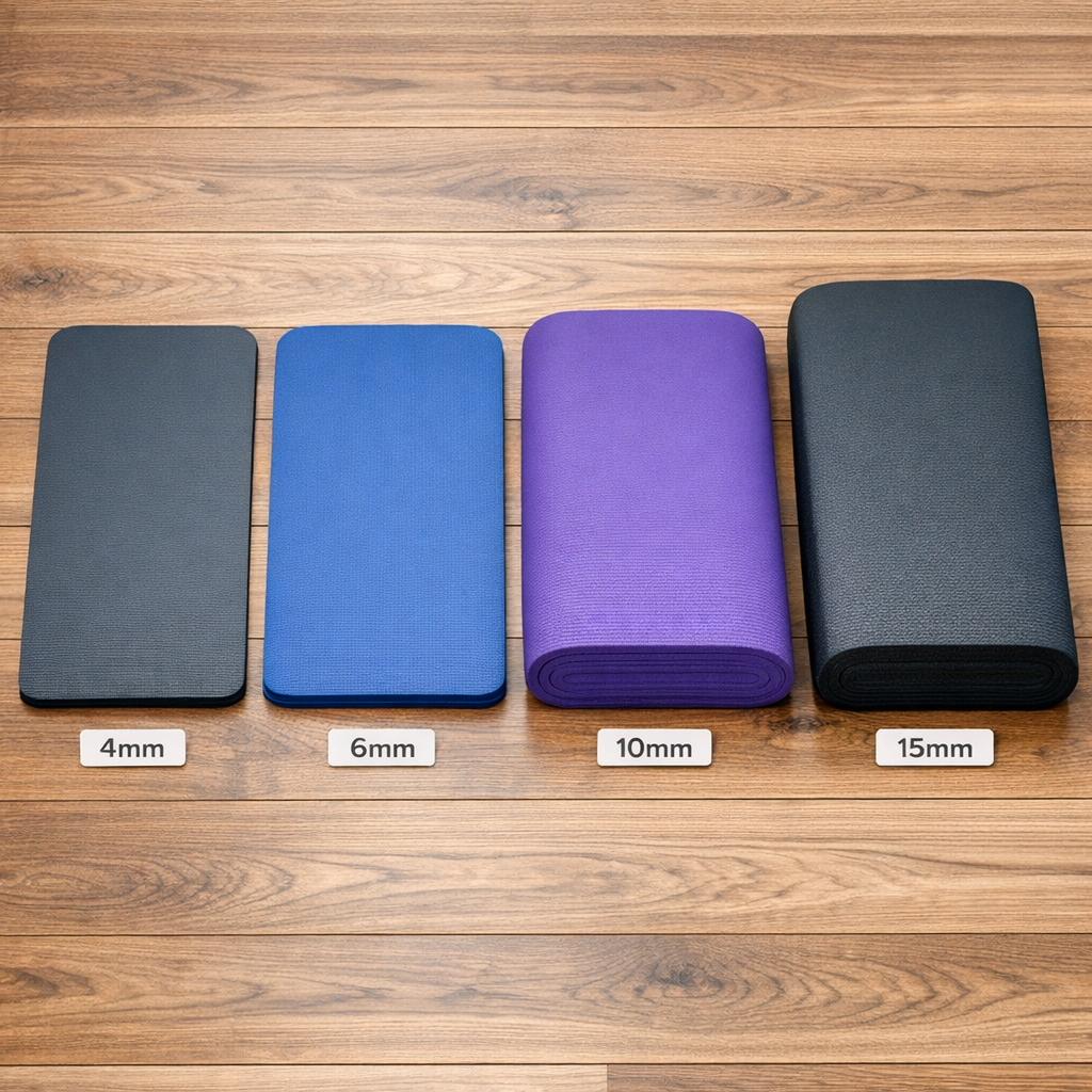 Tapis de yoga épais : comparaison épaisseurs 4mm 6mm 10mm 15mm sur sol parquet