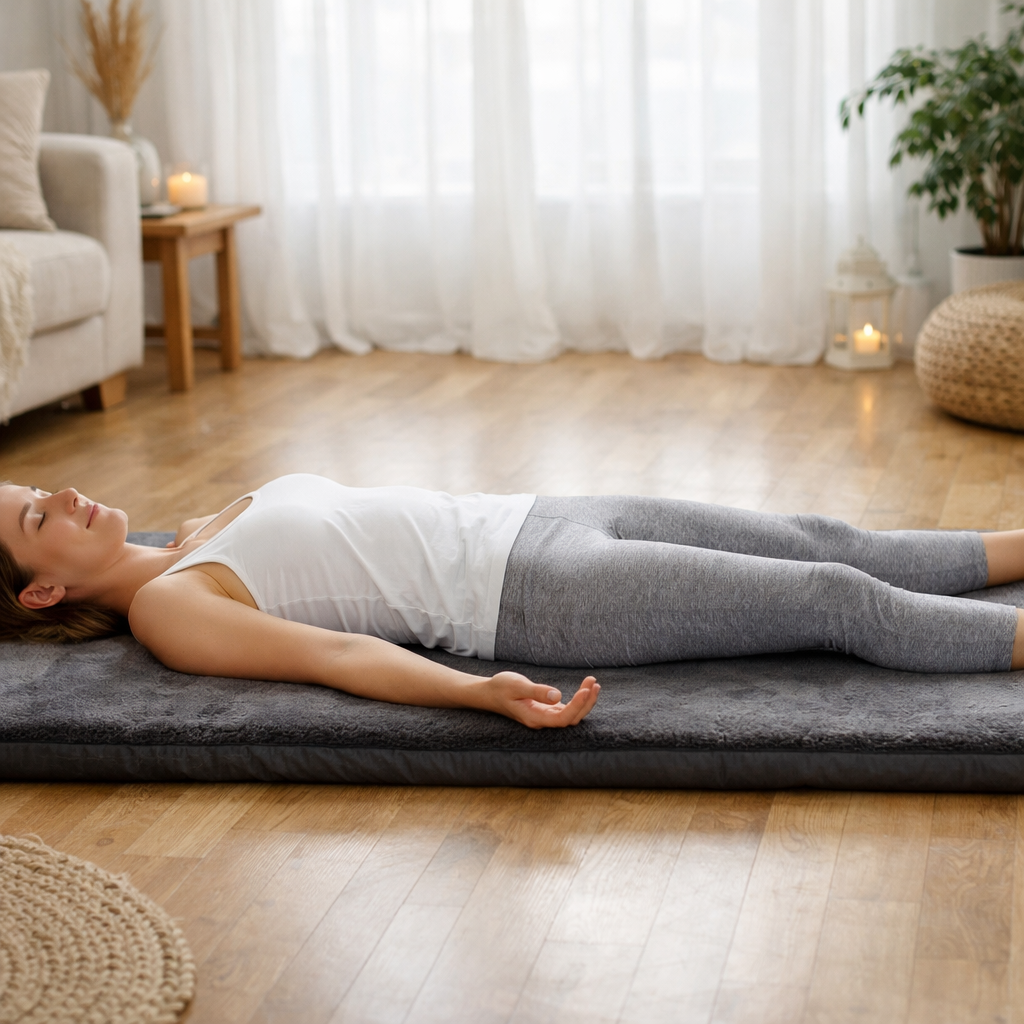 Femme en Savasana sur tapis de yoga épais confortable relaxation profonde