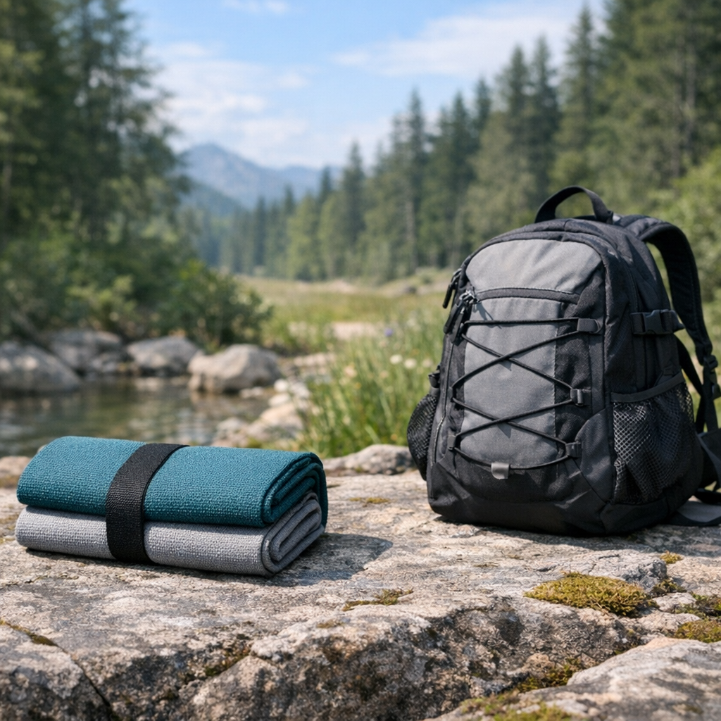 Tapis de yoga de voyage plié compact dans sac à dos randonneur extérieur