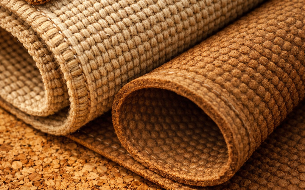 Tapis de yoga bio écologique matière naturelle caoutchouc liège coton texture gros plan