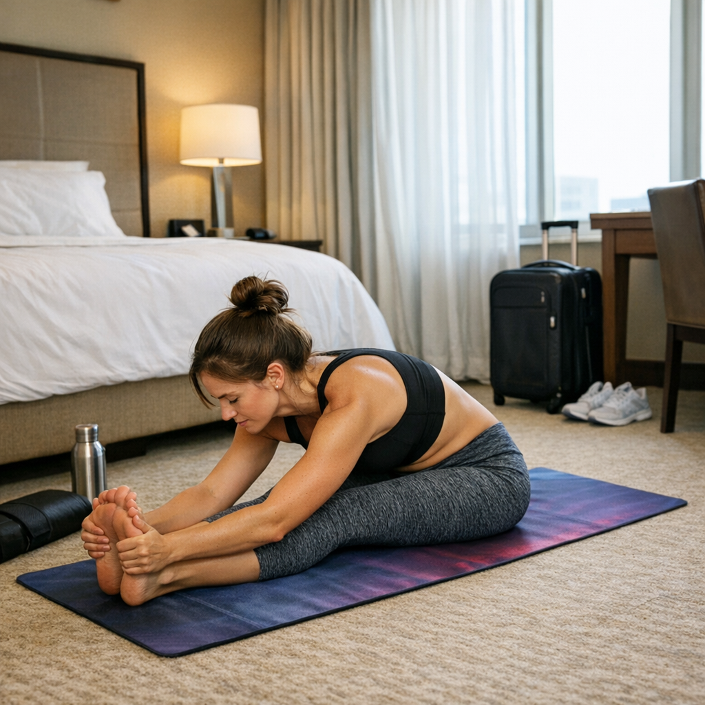 Femme pratiquant yoga avec tapis de voyage pliable en hôtel chambre séance express