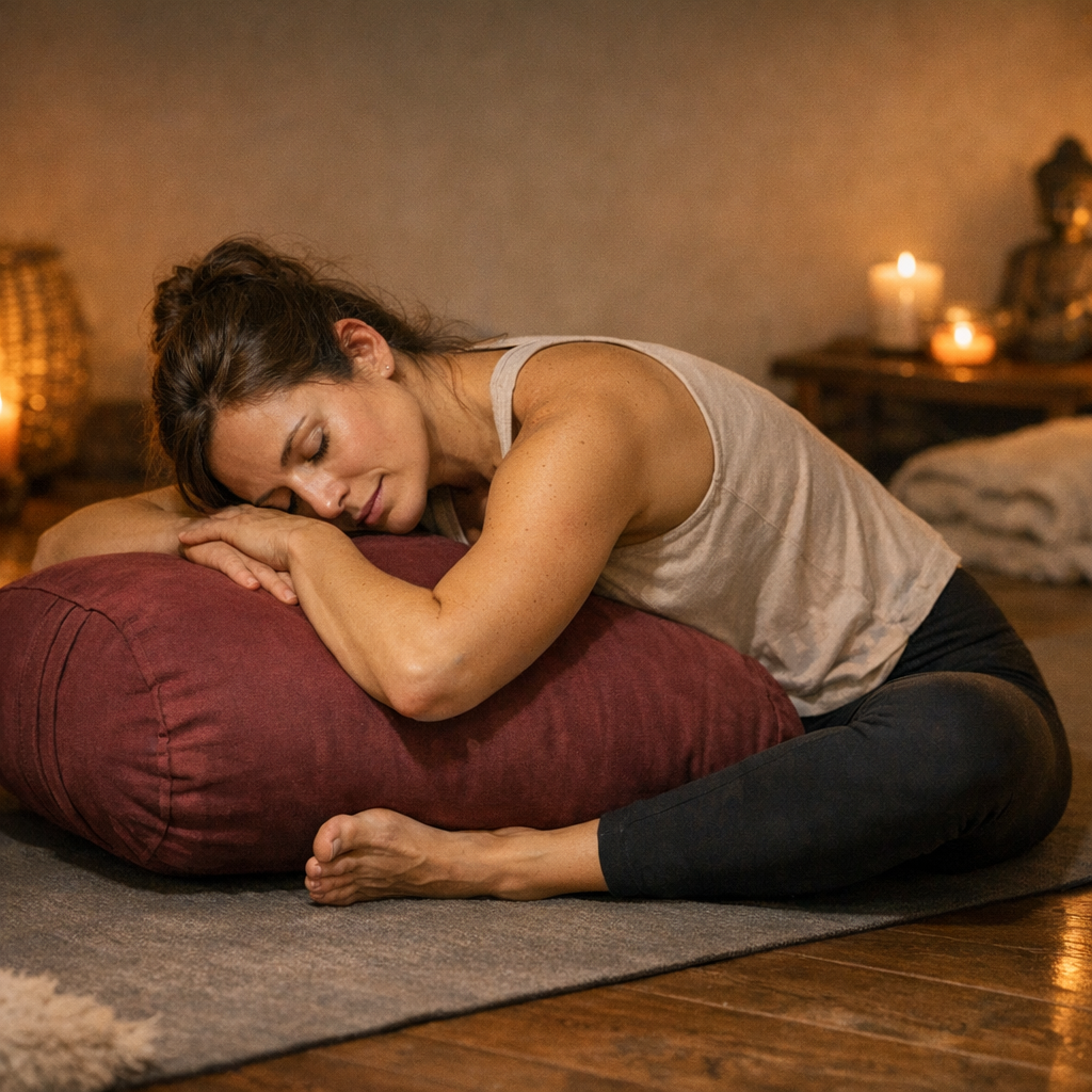 Yin yoga posture papillon Baddha Konasana tenue longue relaxation profonde fascias