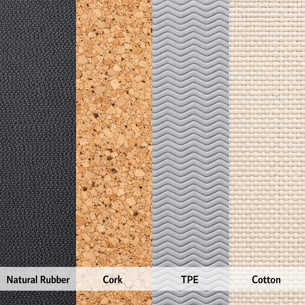 Comparaison matières tapis yoga caoutchouc naturel liège TPE coton côte à côte