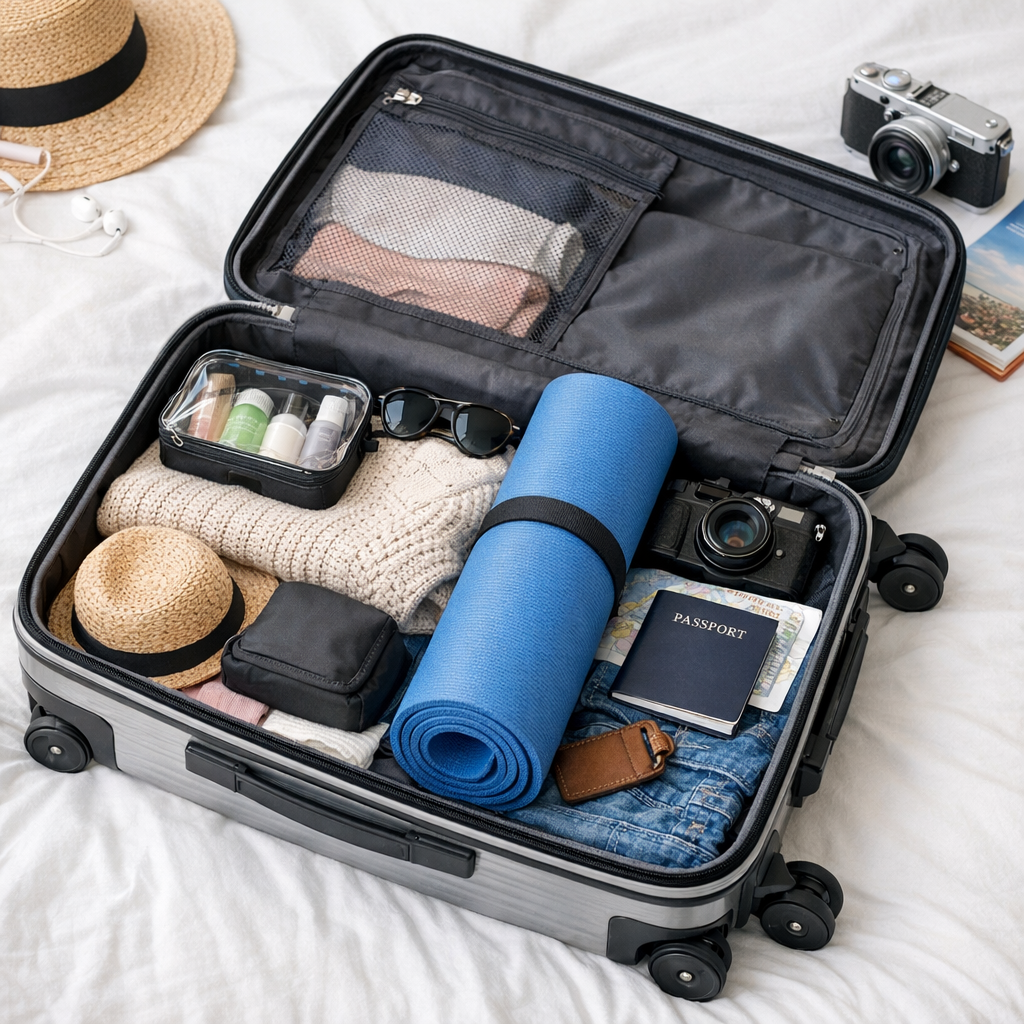 Tapis yoga voyage enroulé compact posé dans valise bagage cabine avion