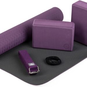 Kit Yoga Débutante Complet FEMME – Tapis TPE 6mm + 2 Blocs Liège + Sangle + Sac Transport