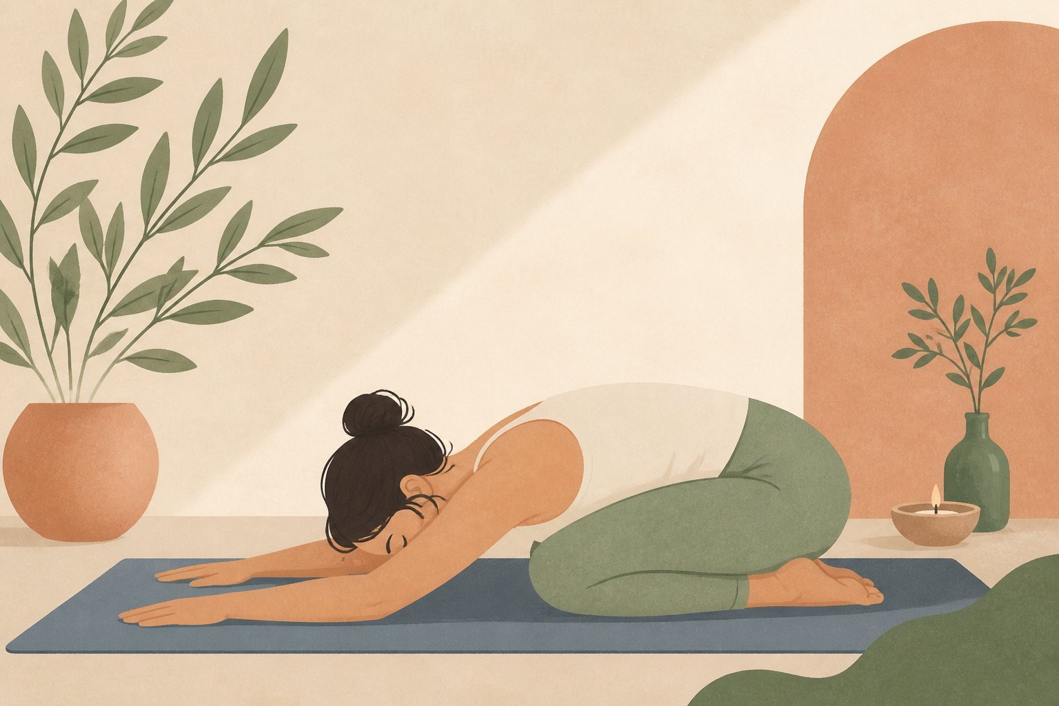 Femme en posture de l’enfant Balasana yoga relaxation mentale anti-stress