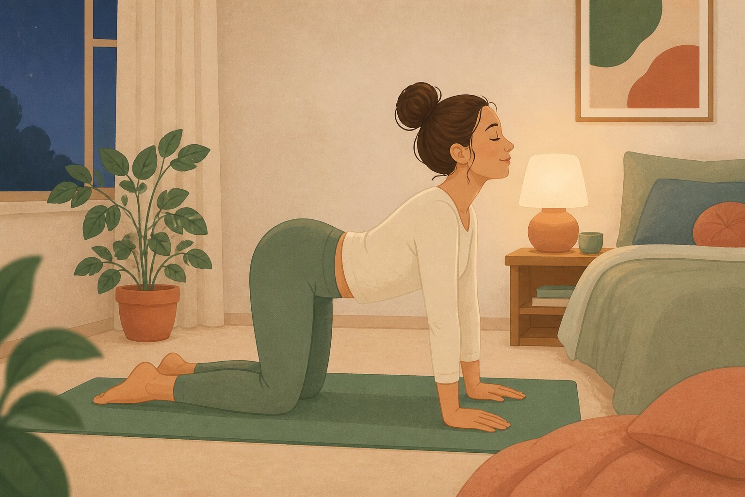 Femme en posture du chat-vache (Marjaryasana-Bitilasana) le soir dans une chambre