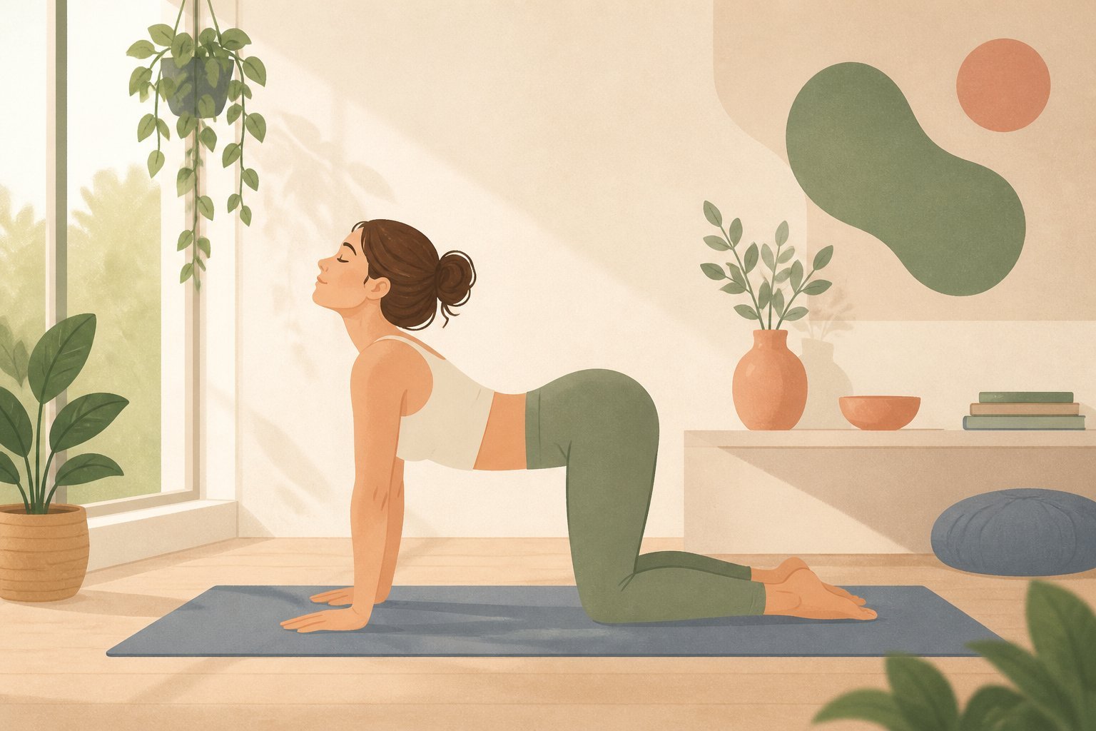 Femme en posture Chat-Vache yoga du matin exercice colonne vertébrale