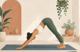 Femme en posture du chien tête en bas sur un tapis de yoga