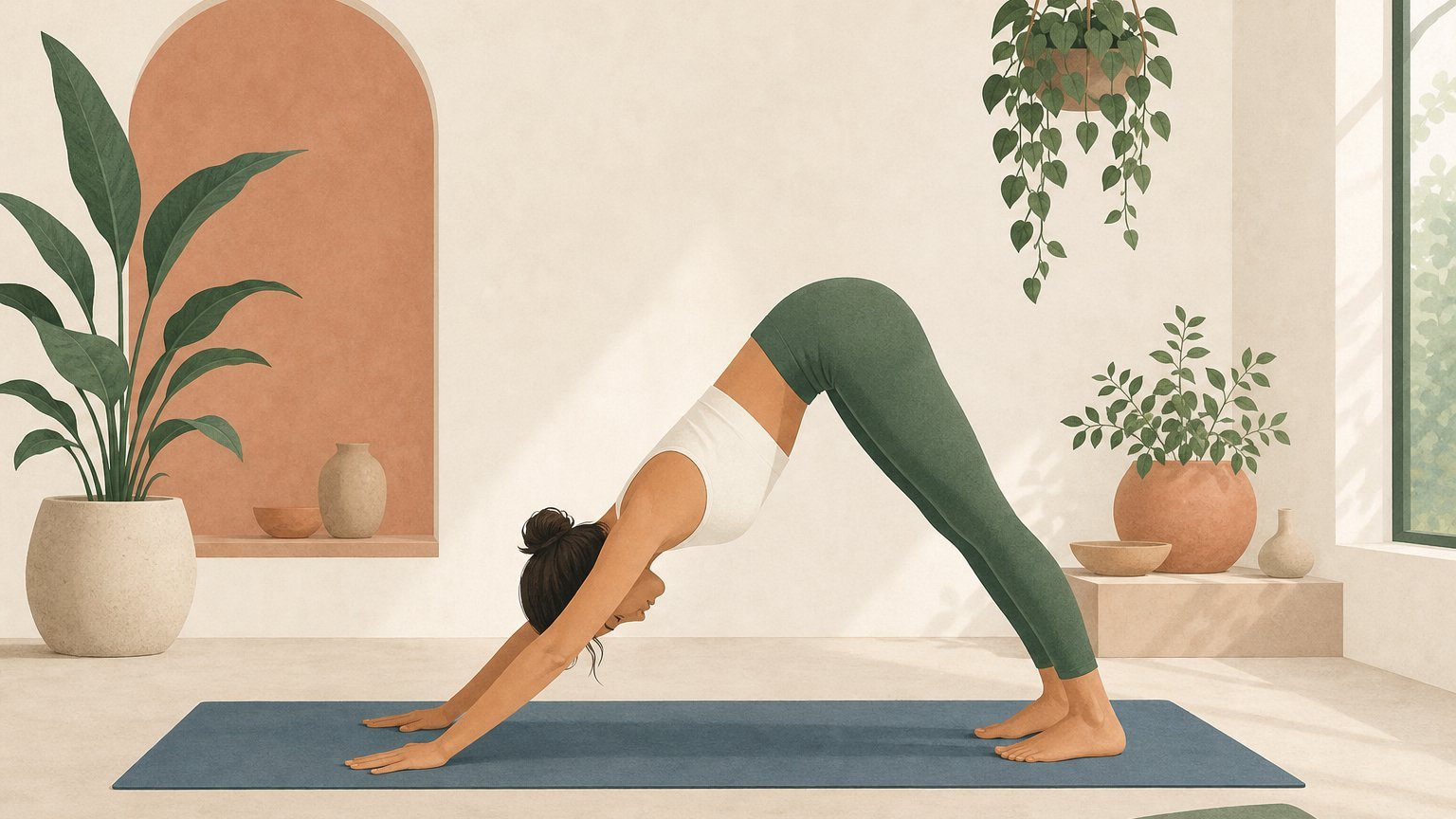 Femme en posture du chien tête en bas sur un tapis de yoga