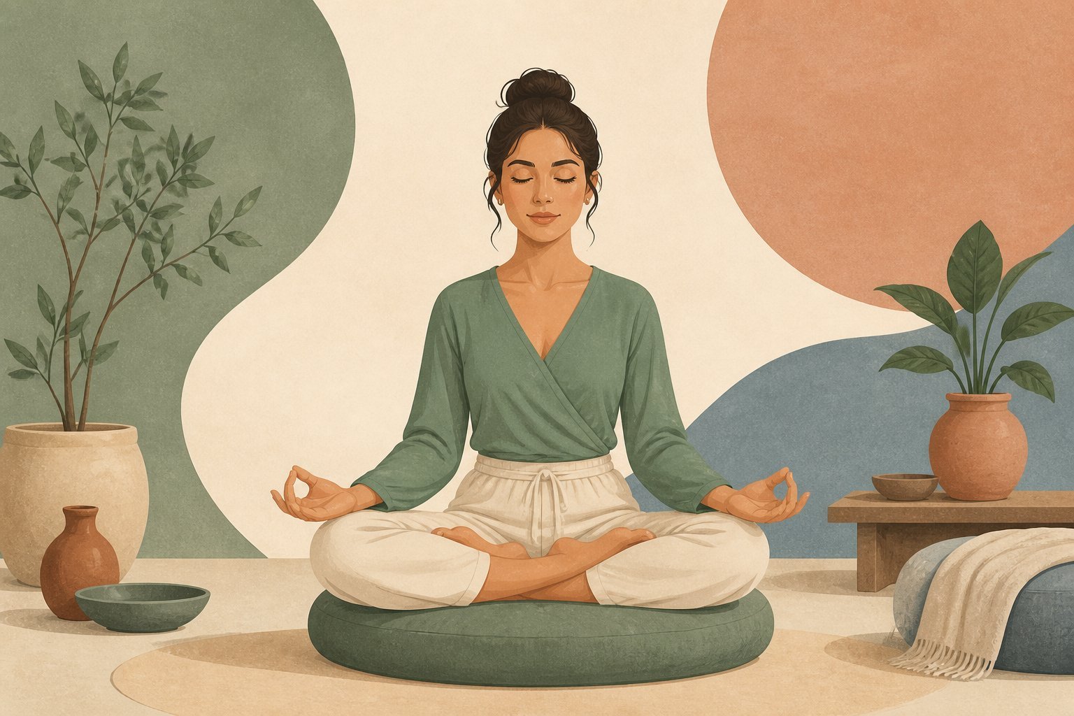 Femme assise en lotus sur un coussin, posture droite et mains en mudra