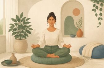 Femme en méditation assise sur un coussin rond, posture droite