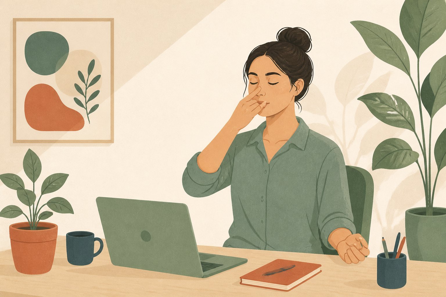 Femme pratiquant la respiration alternée Nadi Shodhana au bureau yoga stress travail
