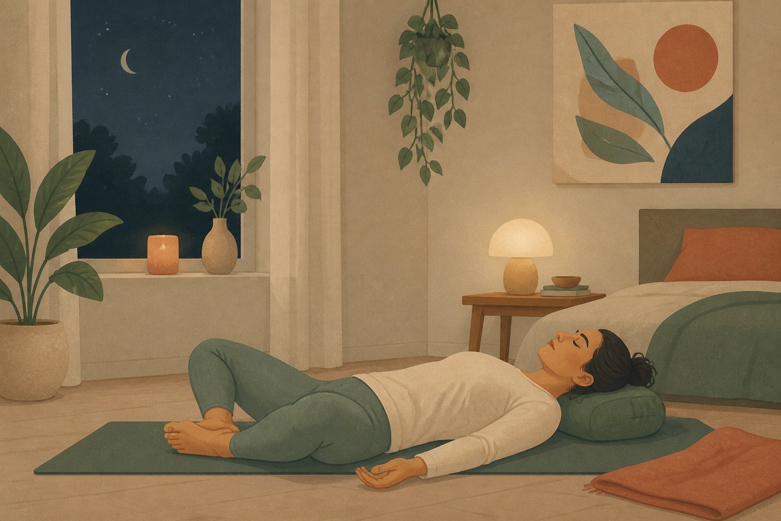 Femme en posture du papillon couché (Supta Baddha Konasana) pour détendre les hanches avant le sommeil