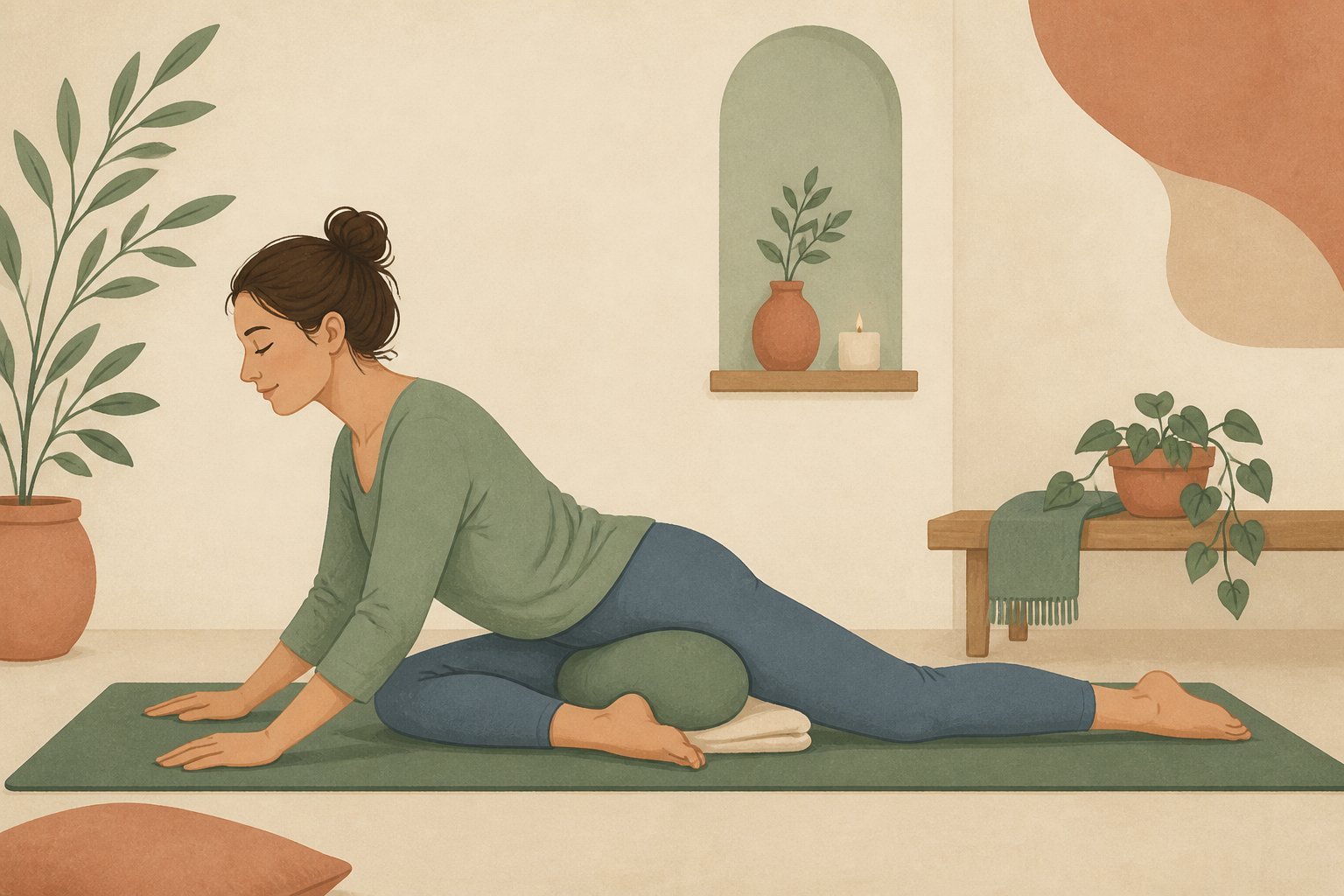 Variante débutant de la posture du pigeon avec coussin sous la hanche
