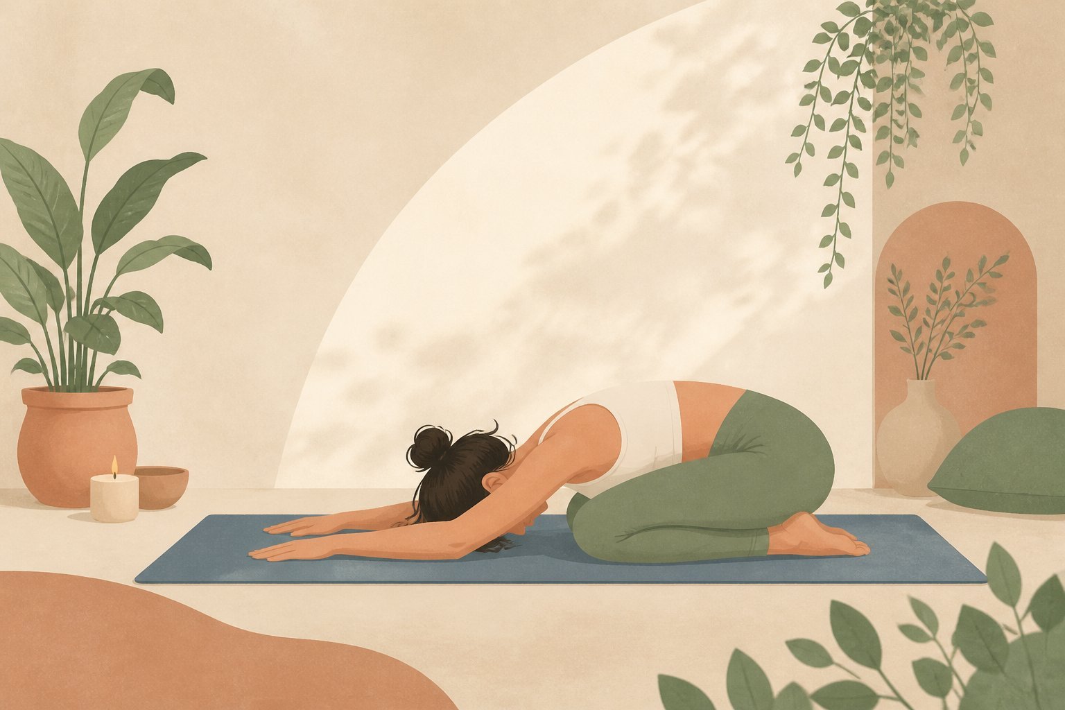 Femme pratiquant une posture de yoga apaisante en position de l’enfant sur un tapis
