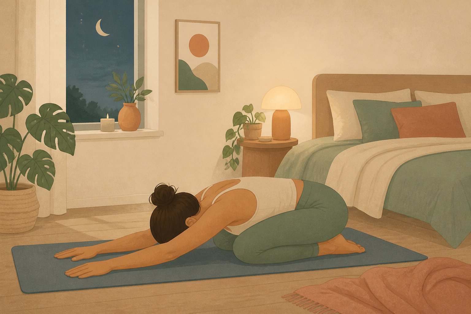 Femme en posture de l'enfant Balasana sur un tapis de yoga, chambre le soir