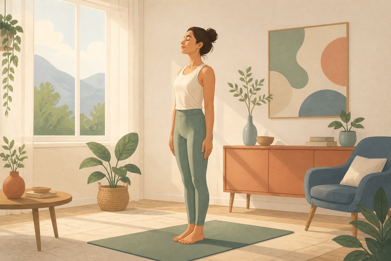 Femme en posture de la Montagne Tadasana yoga du matin ancrage intention