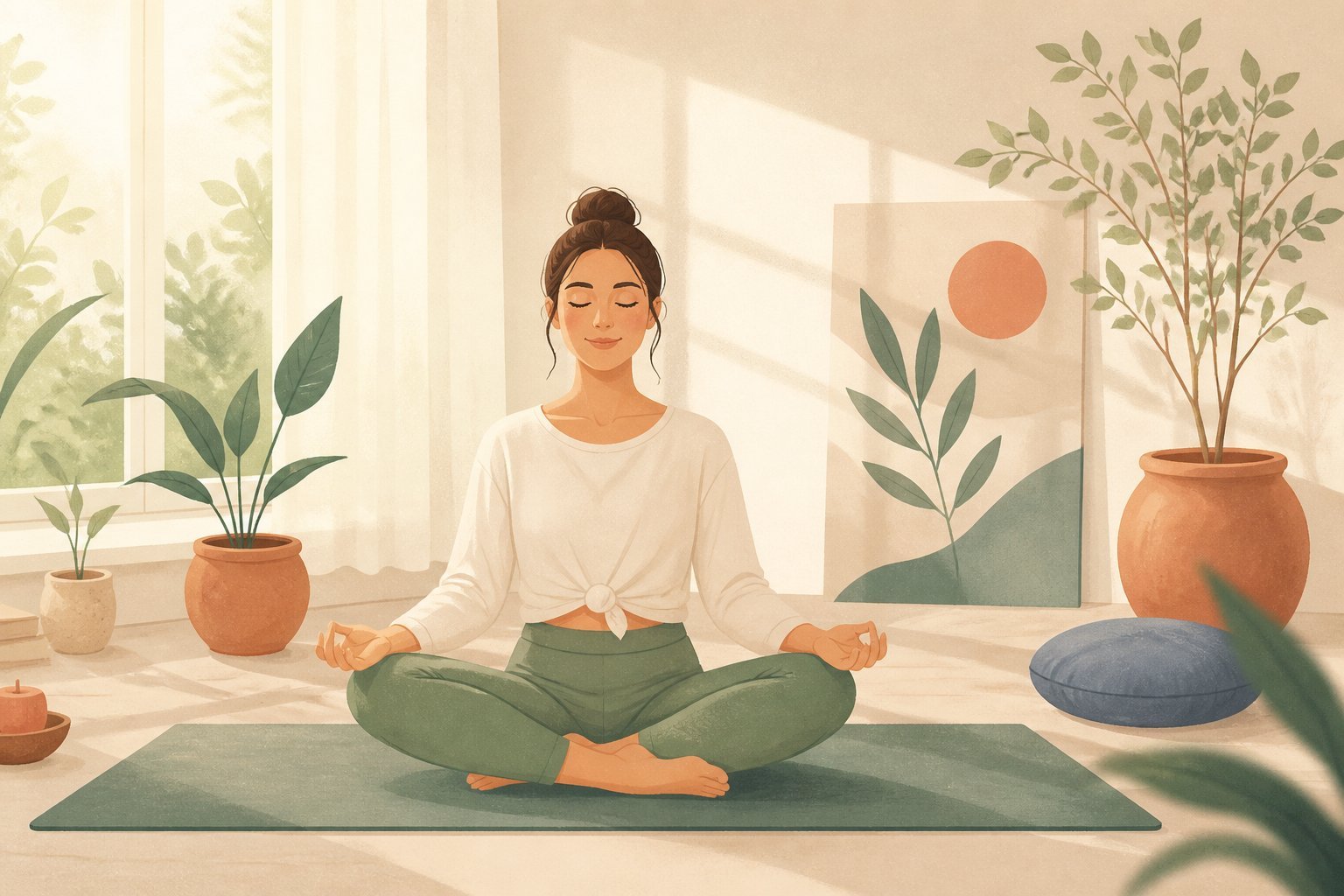 Femme en posture assise pratiquant la respiration consciente yoga du matin
