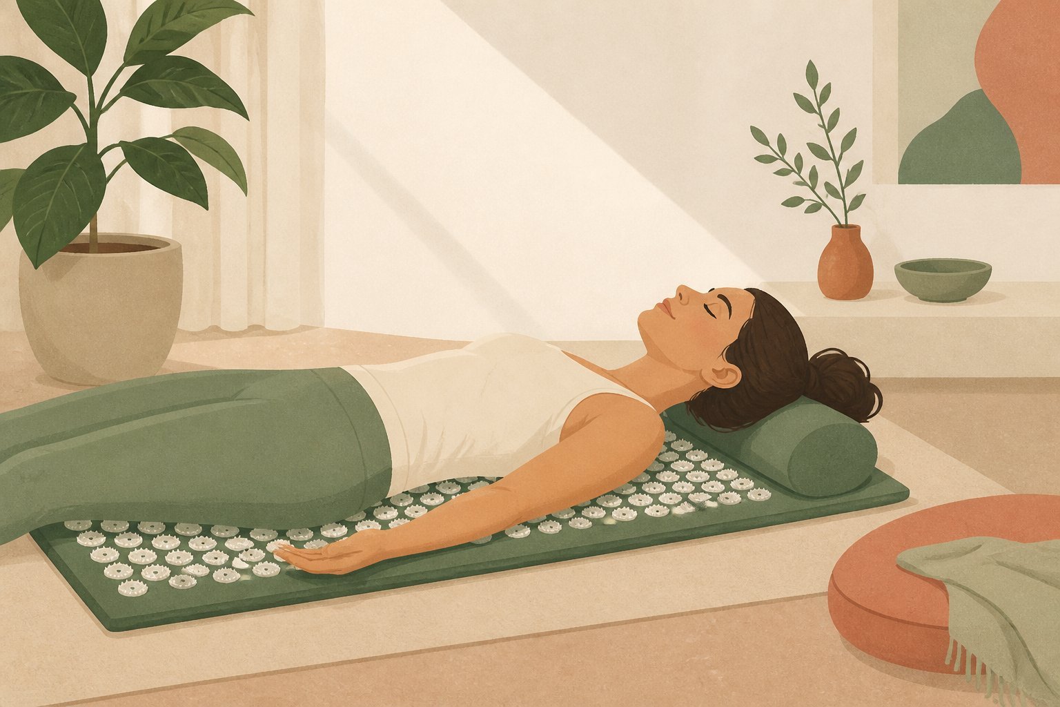 Femme allongée détendue sur un tapis d'acupression