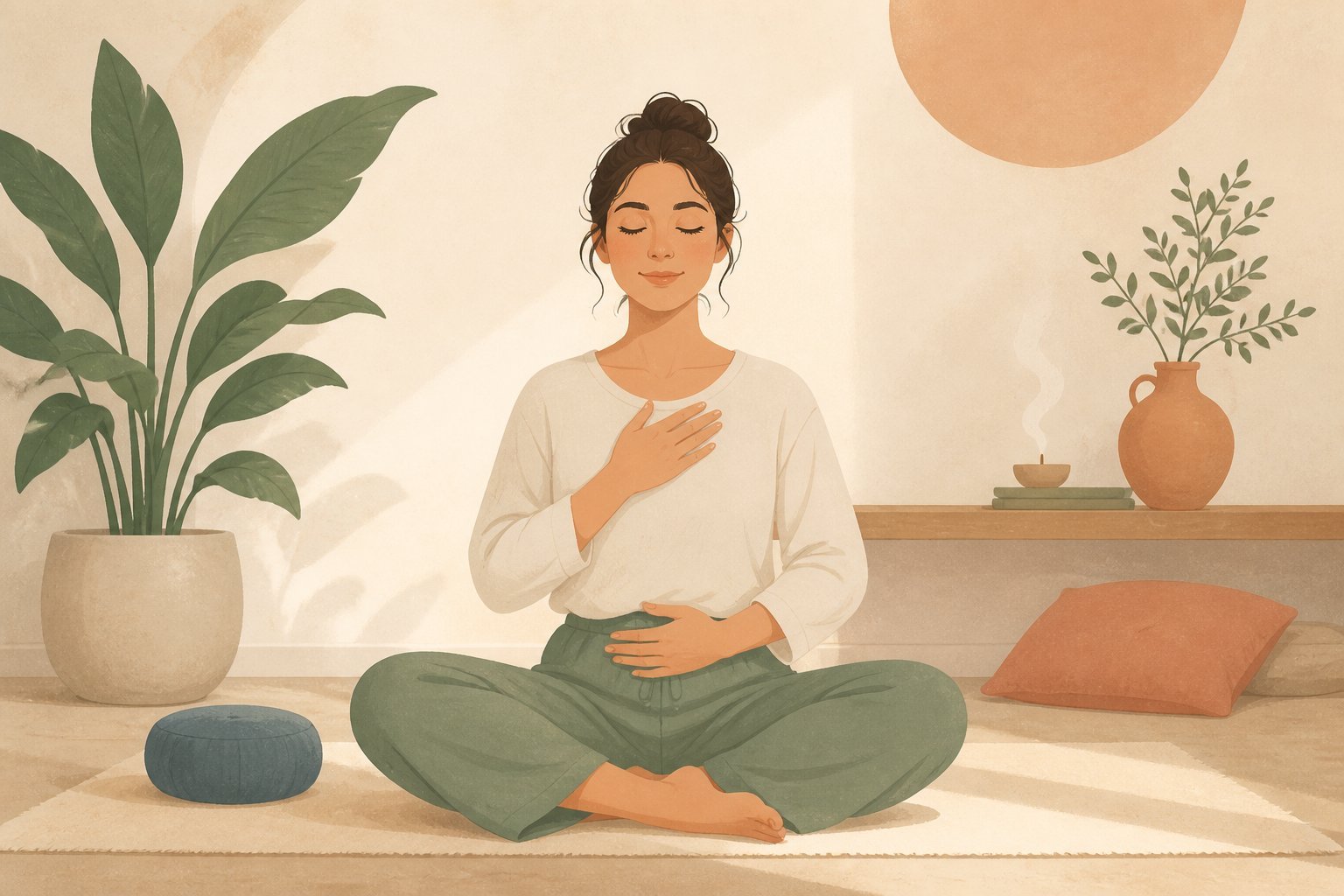 Femme assise pratiquant une respiration yogique, dos droit et souffle maîtrisé