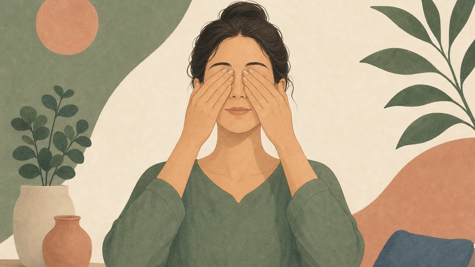 Femme pratiquant le yoga des yeux, palming des mains sur les yeux