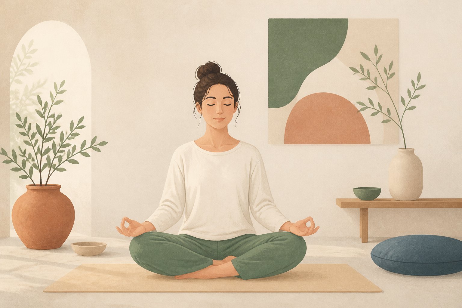 Femme assise en posture de méditation yoga les yeux fermés relaxation anti-stress