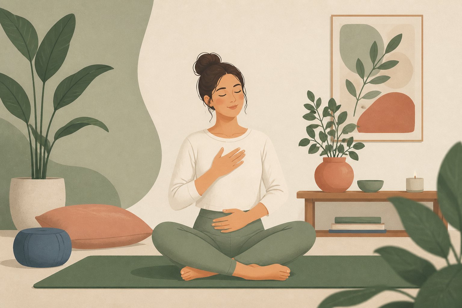 Débutante pratiquant le yoga chez elle sur un tapis pour calmer l’anxiété