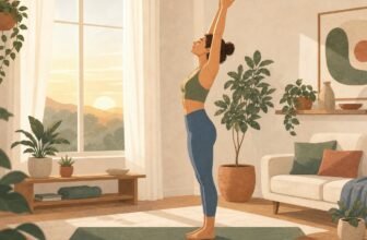 Femme en salut vers le ciel pour le yoga du matin dans un salon lumineux au lever du soleil