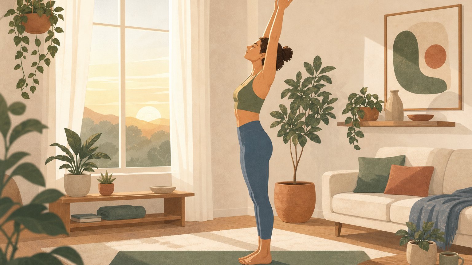 Femme en salut vers le ciel pour le yoga du matin dans un salon lumineux au lever du soleil