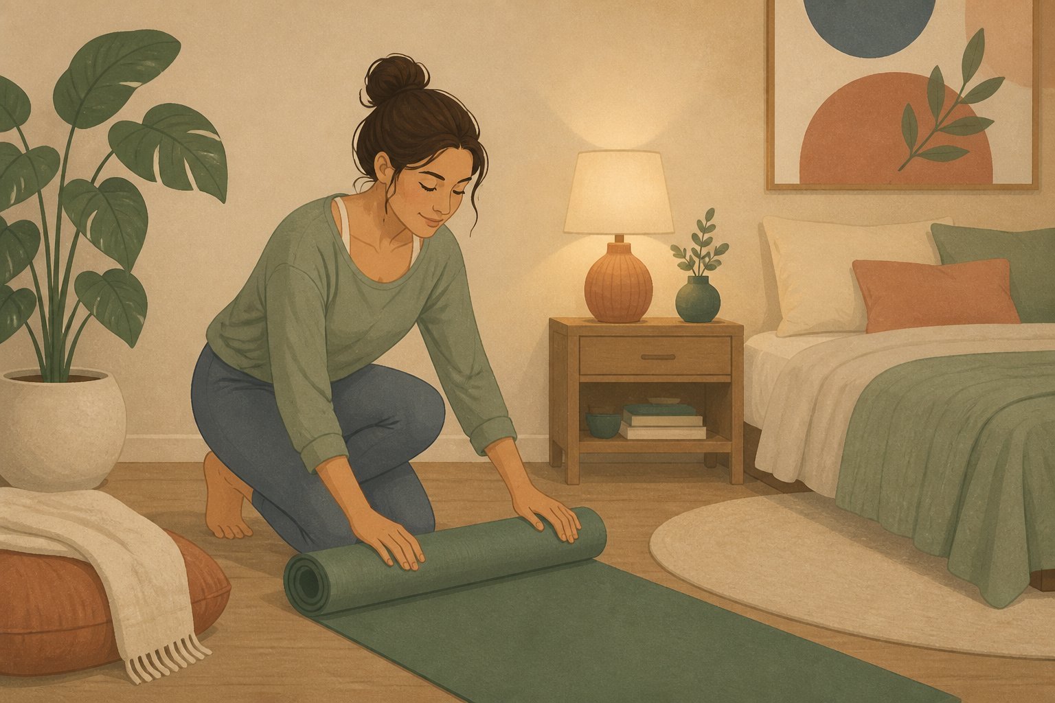 Débutante préparant une séance de yoga du soir dans une chambre cosy