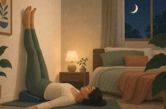 Femme en posture des jambes au mur (Viparita Karani) pour le yoga du soir dans une chambre le soir