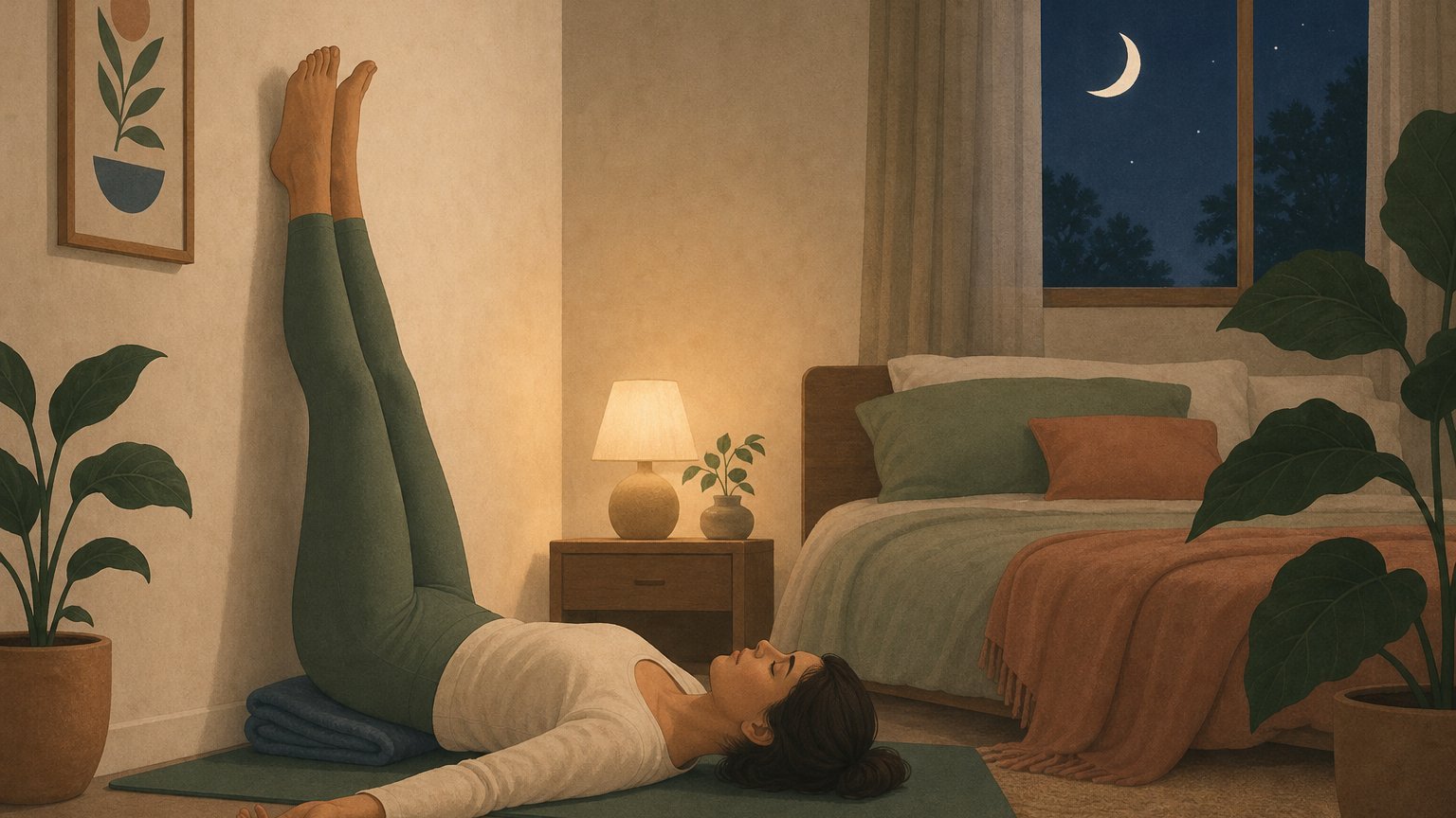 Femme en posture des jambes au mur (Viparita Karani) pour le yoga du soir dans une chambre le soir