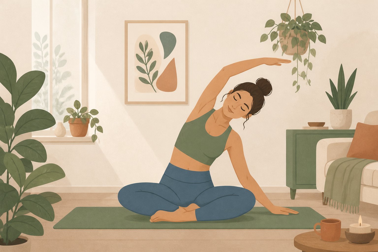 Femme pratiquée le yoga anti-stress dans son salon routine quotidienne