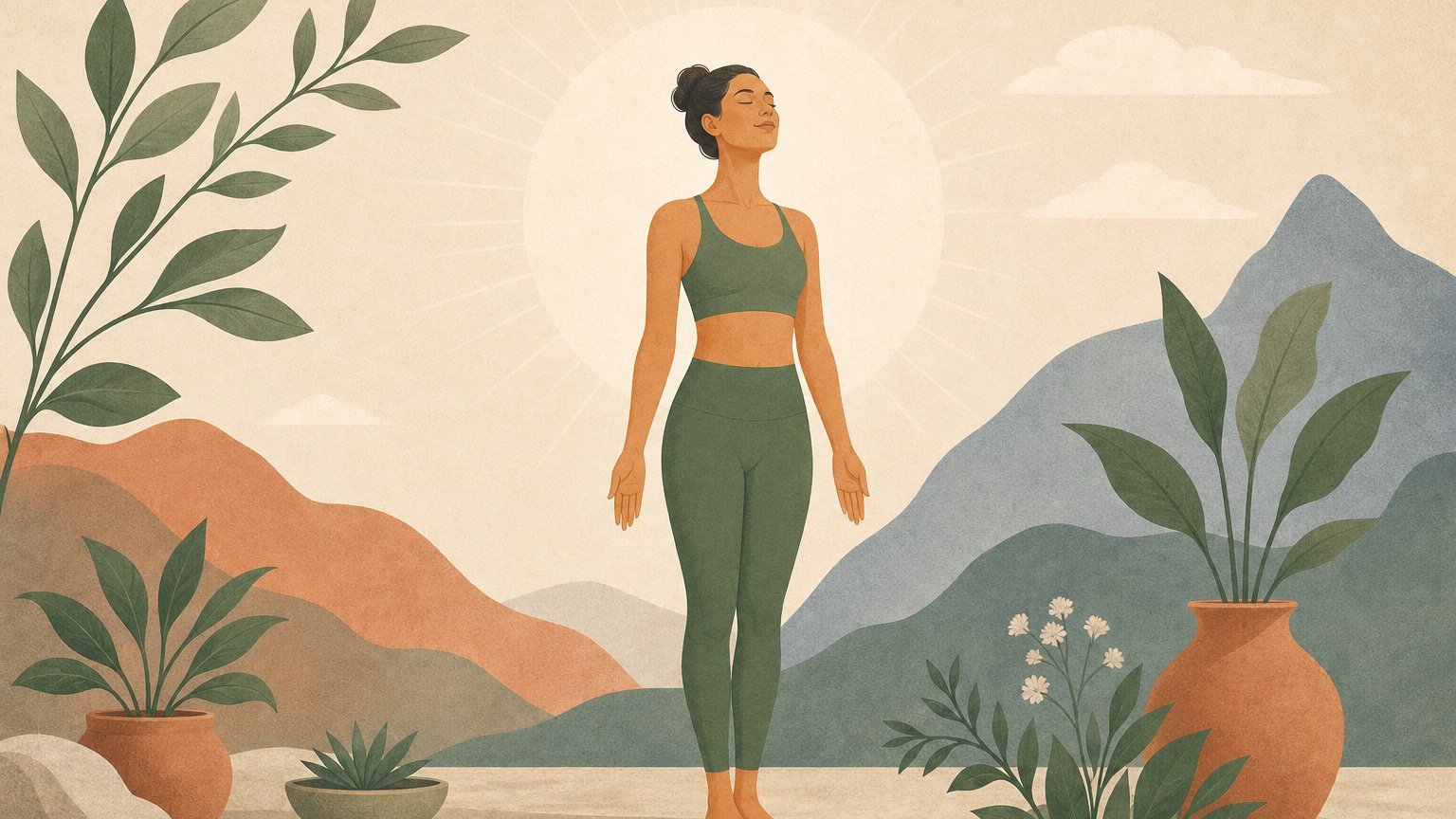 Personne en posture de la montagne au lever du soleil, bienfaits du yoga