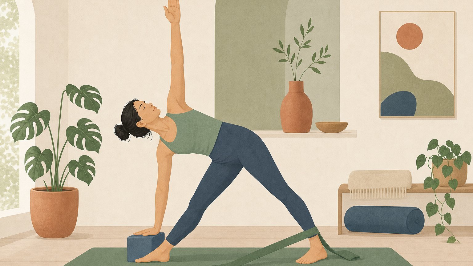Posture du triangle en yoga Iyengar avec brique et sangle