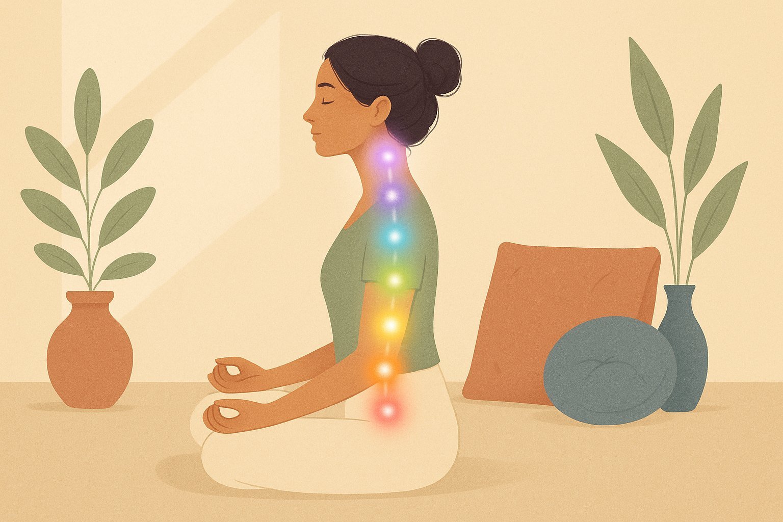 Méditation avec les sept chakras alignés le long de la colonne