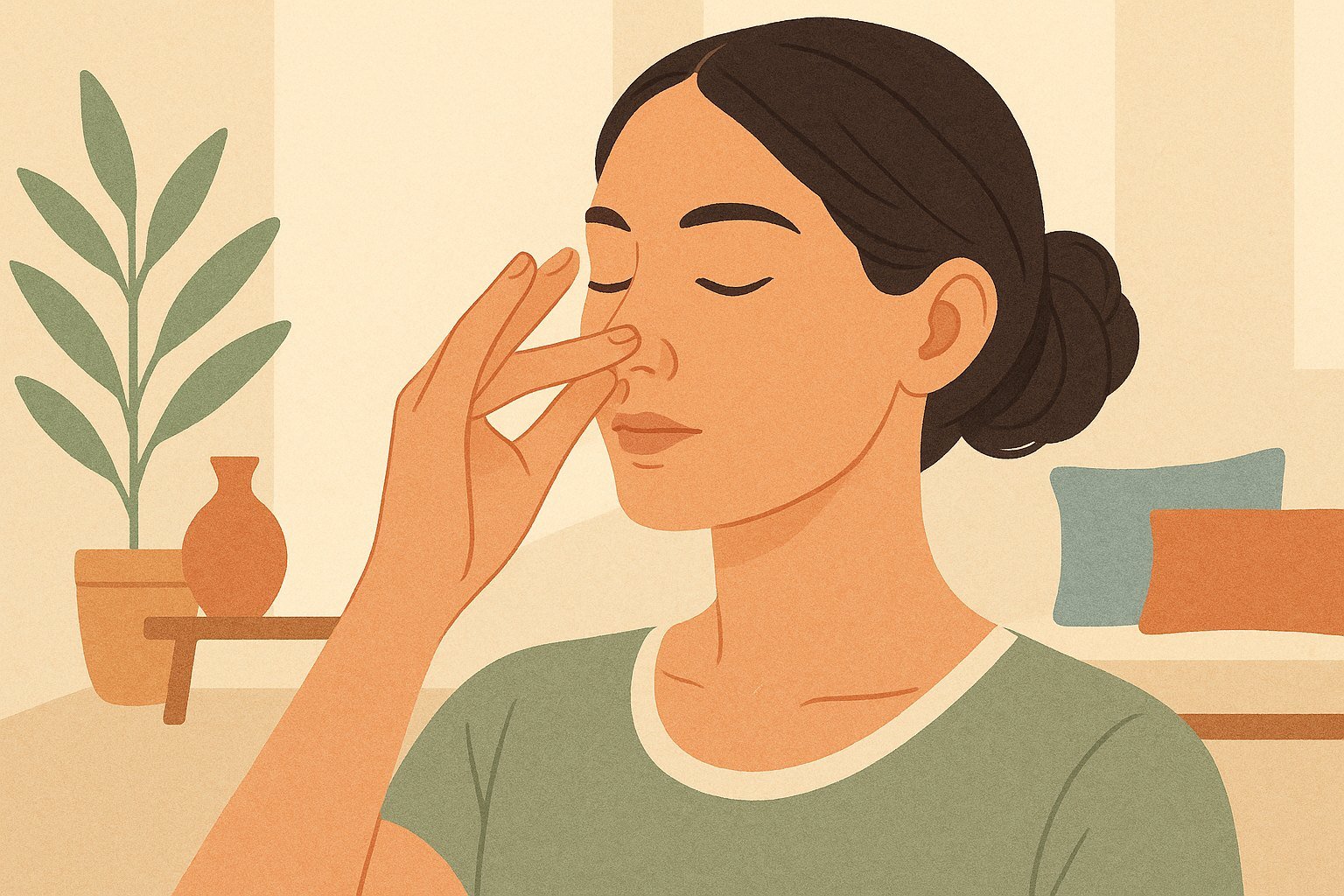 Gros plan sur une main pratiquant la respiration alternée nadi shodhana