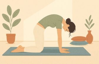 Femme à quatre pattes en posture du chat sur un tapis de yoga