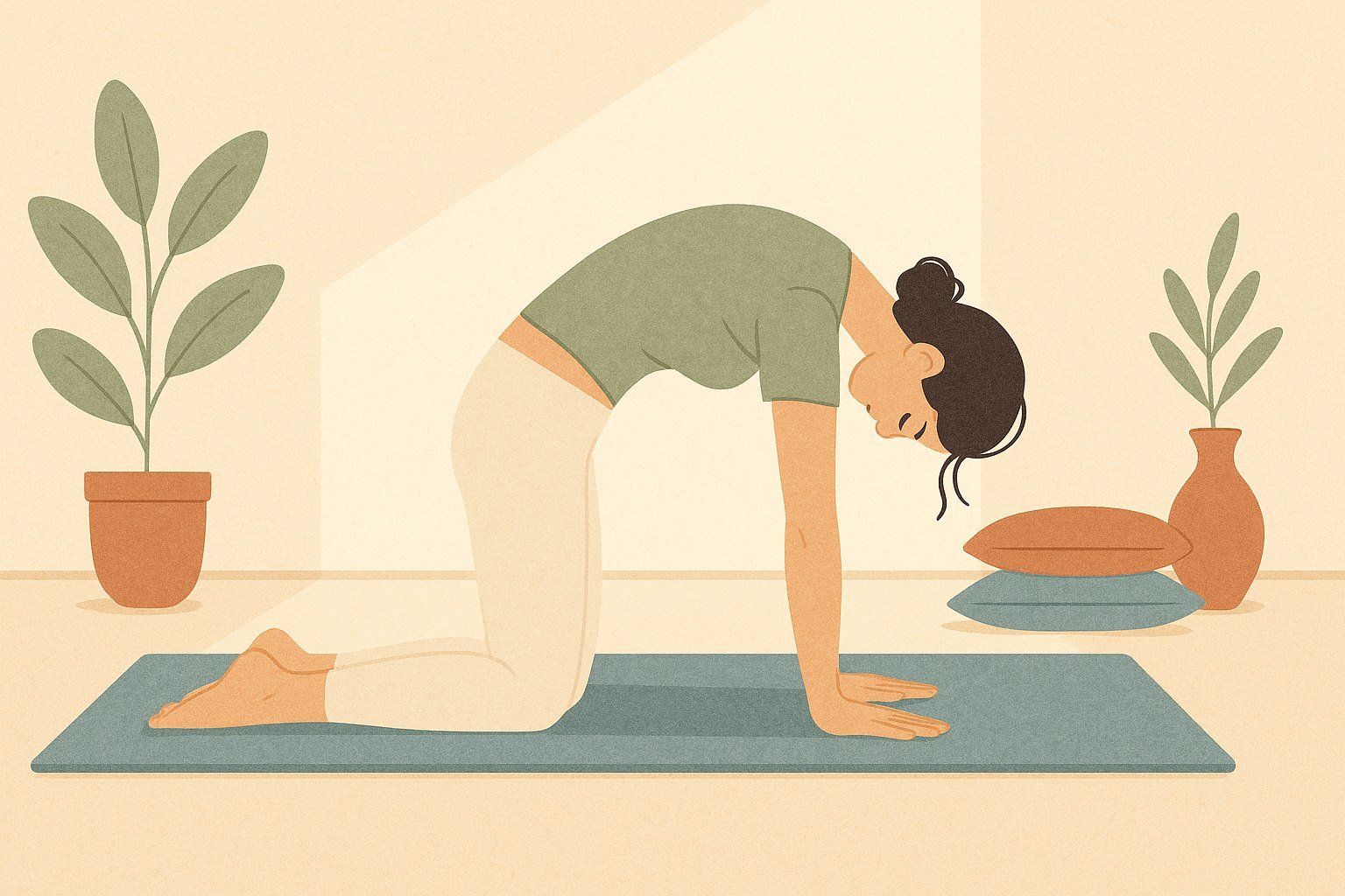 Femme à quatre pattes en posture du chat sur un tapis de yoga