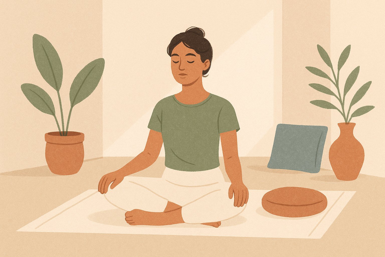 Femme assise en tailleur pratiquant une respiration pranayama