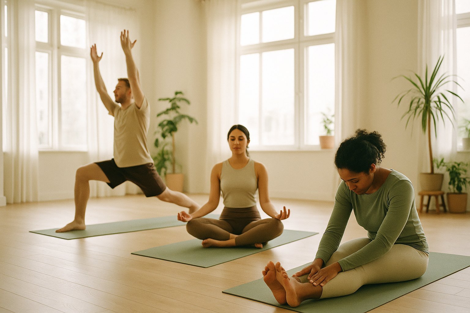 Trois personnes pratiquent différents styles de yoga dans un studio lumineux