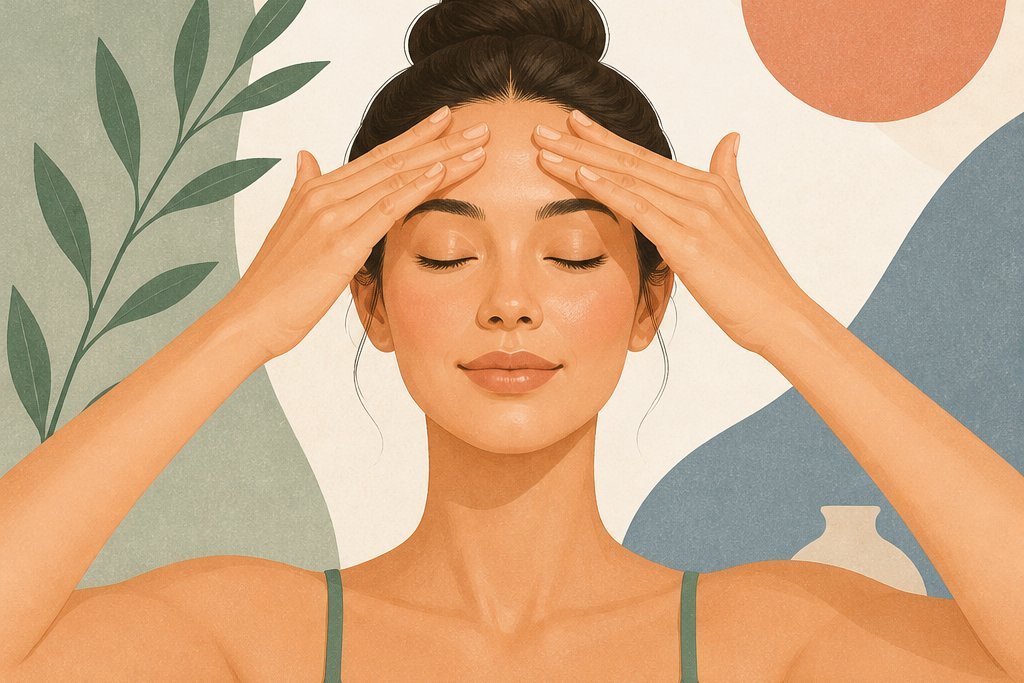 Exercice de yoga du visage : lissage du front du bout des doigts