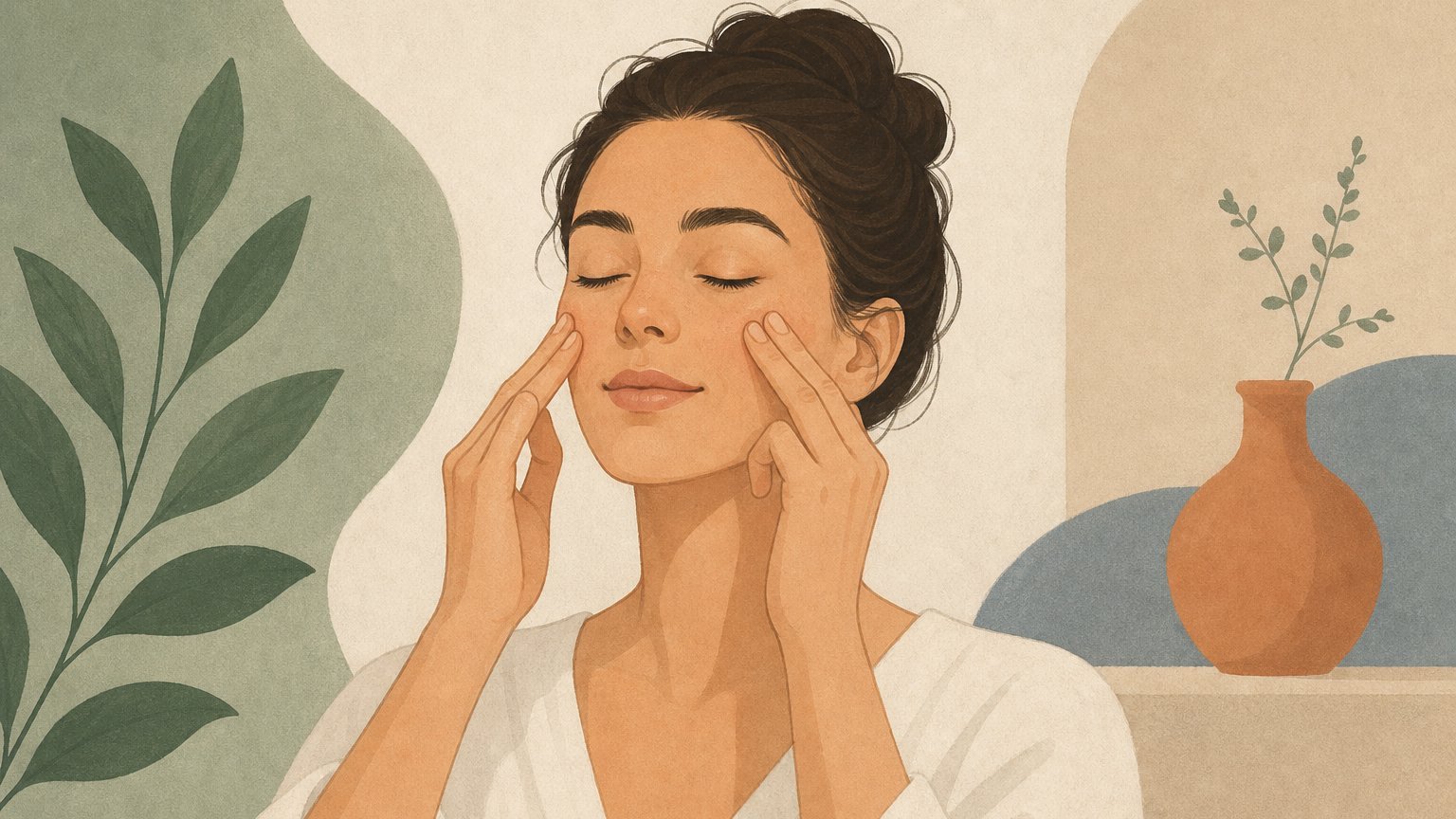 Femme pratiquant le yoga du visage, automassage des pommettes
