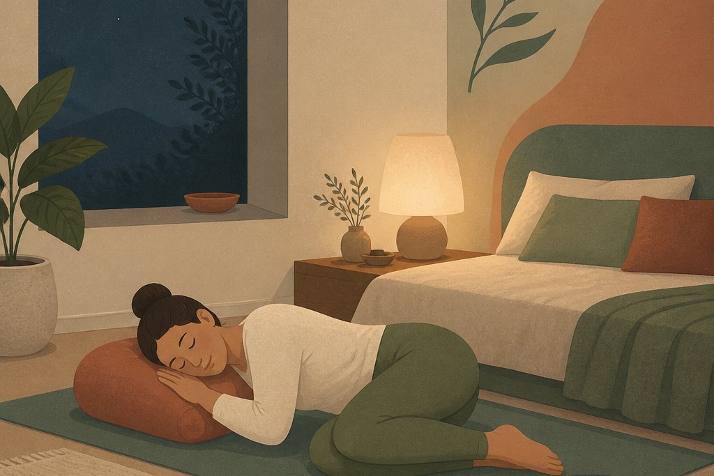 Séance de yoga nidra le soir au coucher, avec bolster et coussin près du lit