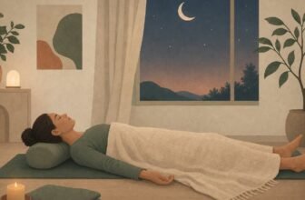 Personne en yoga nidra allongée en savasana sous un plaid au coucher
