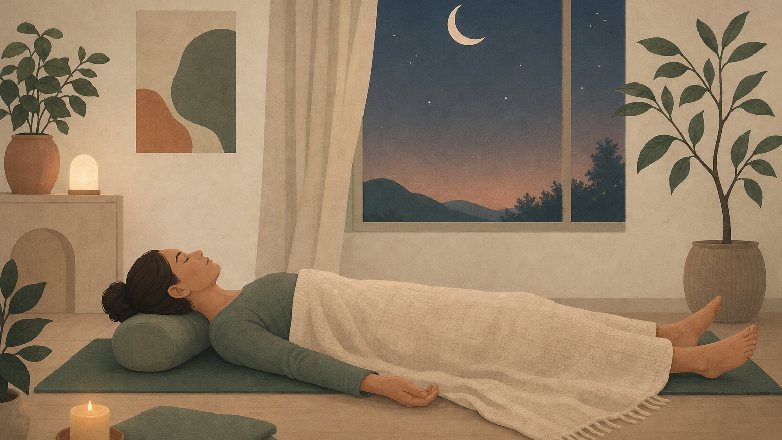 Personne en yoga nidra allongée en savasana sous un plaid au coucher