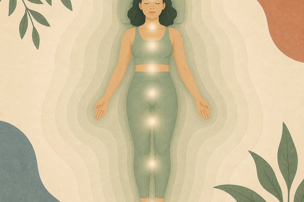 Rotation de la conscience en yoga nidra, points de lumière le long du corps allongé
