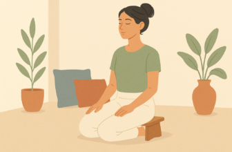 Femme en méditation agenouillée sur un banc seiza, dos droit