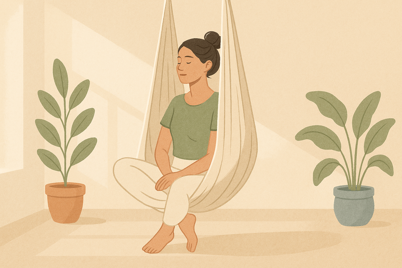 Fixation d'un hamac de yoga aérien à une poutre de plafond avec mousquetons et sangles de suspension